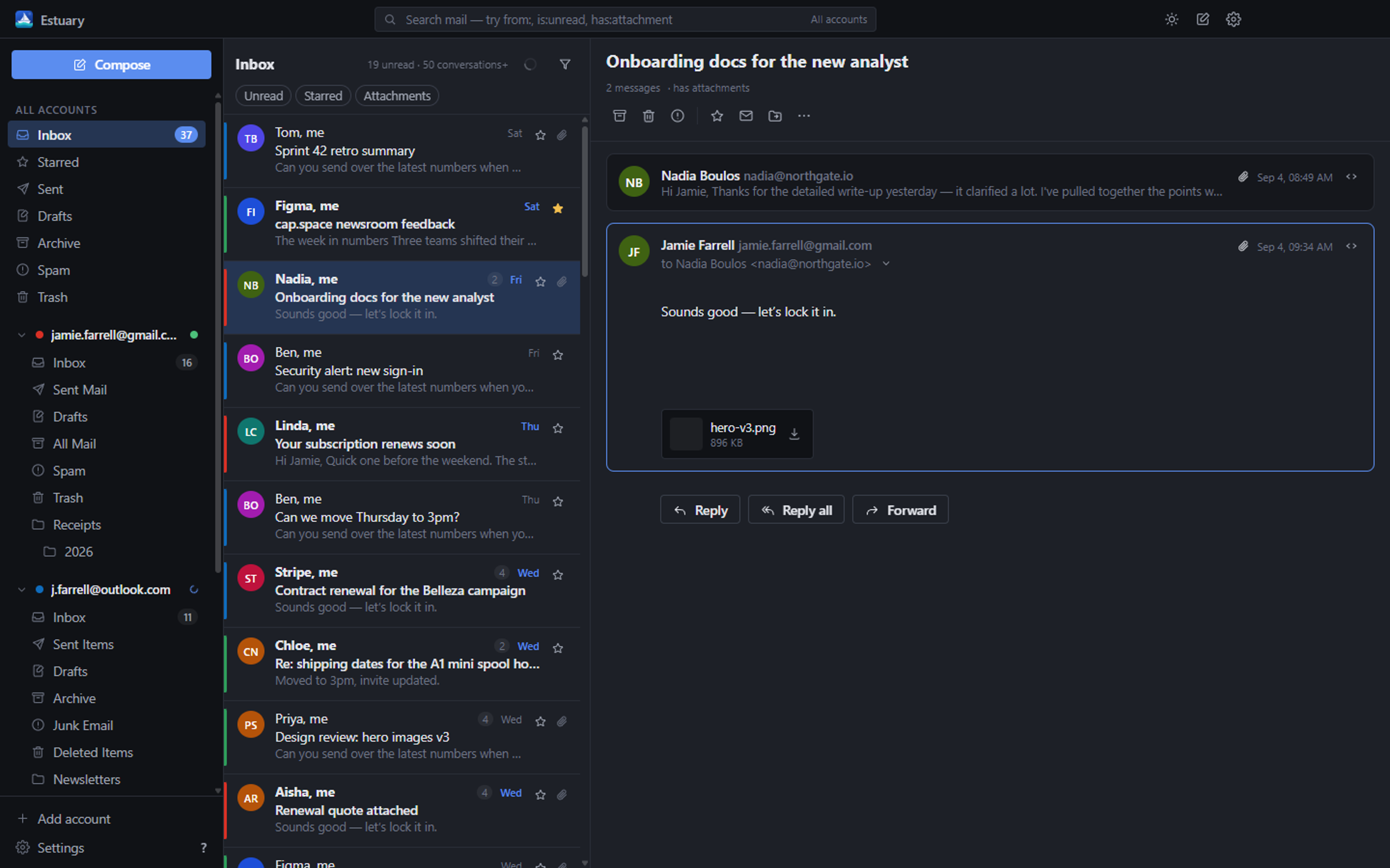 Estuary's unified inbox in dark theme: mailbox sidebar with two accounts, a merged message list, and an open two-message conversation with an attachment.