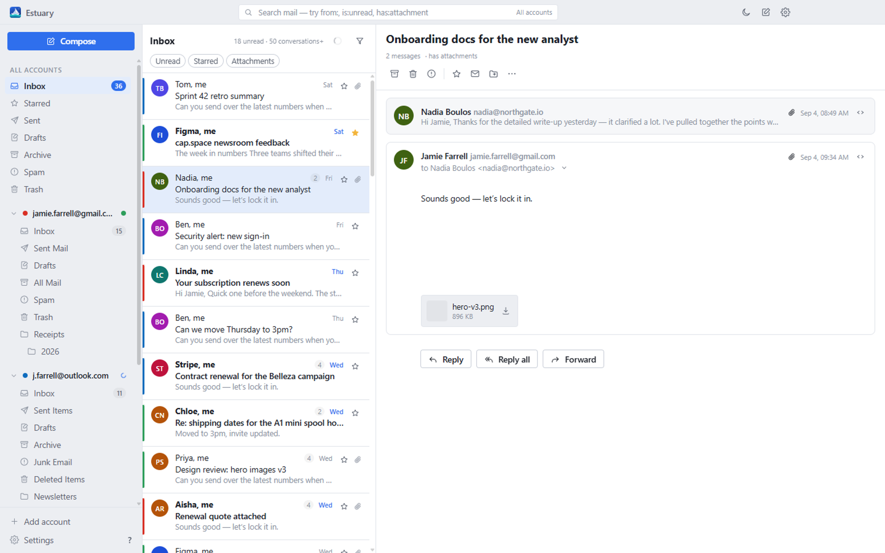 The same Estuary inbox in light theme.